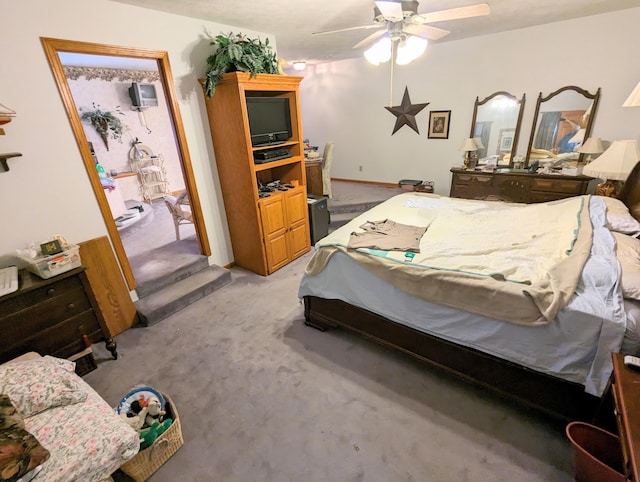 bedroom with light colored carpet and ceiling fan