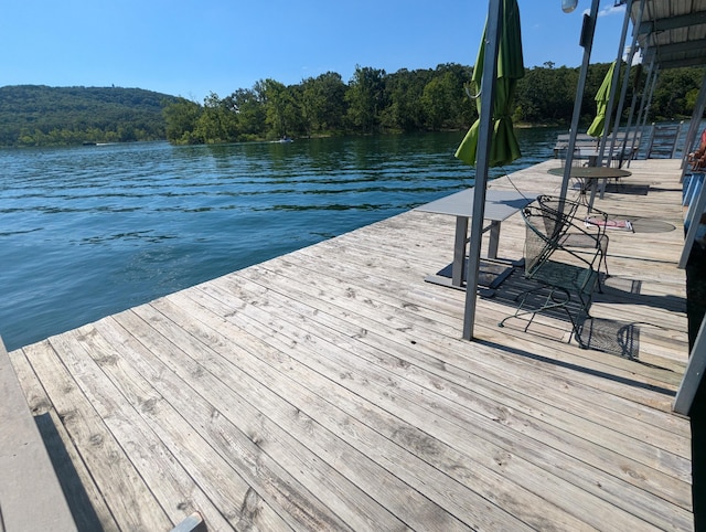 dock area featuring a view of trees and a water view