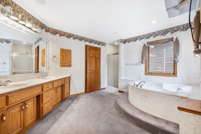 127 Kachina Trl, Branson West, MO 65737 - bathroom featuring a stall shower, wallpapered walls, double vanity, a bath, and baseboards