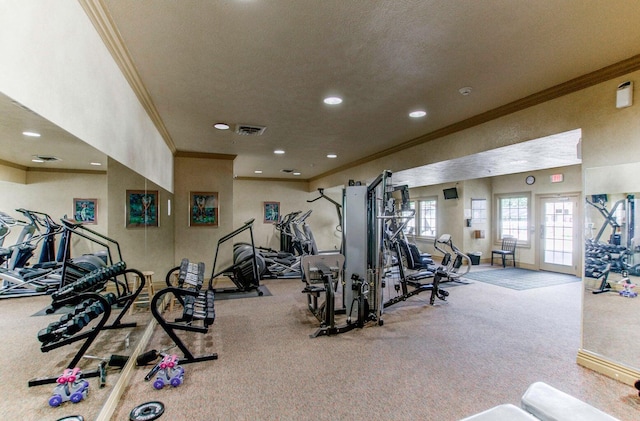 170 Bunker Ridge Dr Unit 6, Branson, MO 65616 - gym featuring recessed lighting, carpet floors, visible vents, and crown molding