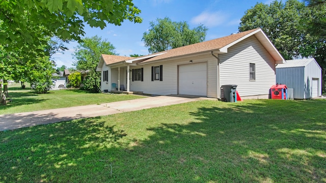 ranch-style house with a front yard, a garage, and a shed