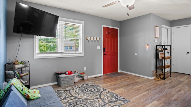 foyer with hardwood / wood-style floors and ceiling fan