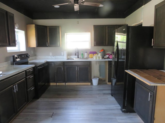 kitchen with a ceiling fan, a sink, black appliances, and a healthy amount of sunlight