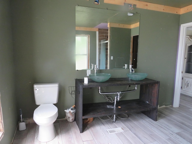 full bathroom featuring toilet, wood finished floors, a sink, and a stall shower