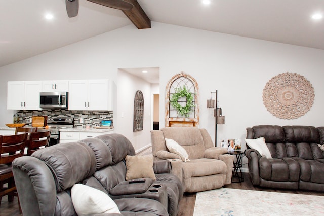 living room with high vaulted ceiling, wood finished floors, ceiling fan, beamed ceiling, and recessed lighting