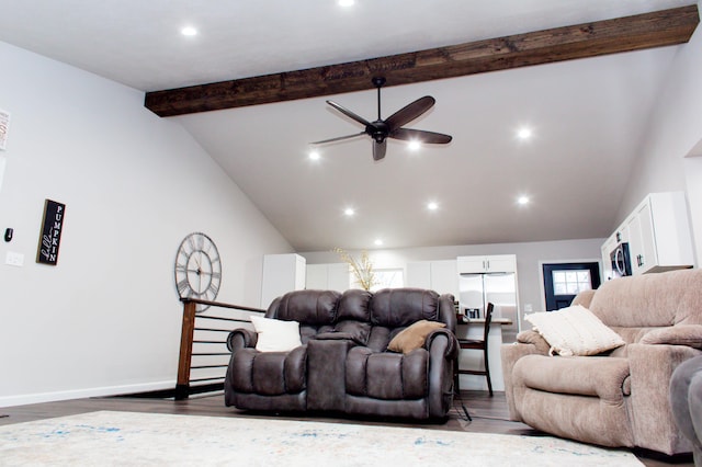 living room with dark wood-style flooring, vaulted ceiling with beams, baseboards, recessed lighting, and ceiling fan