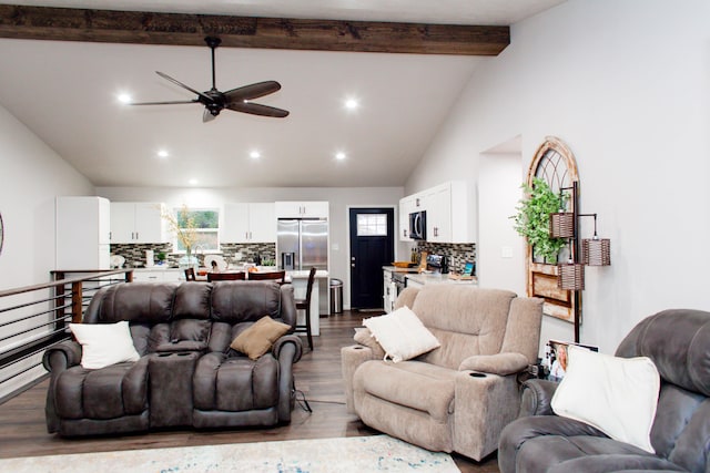living area featuring ceiling fan, vaulted ceiling with beams, dark wood-type flooring, and recessed lighting