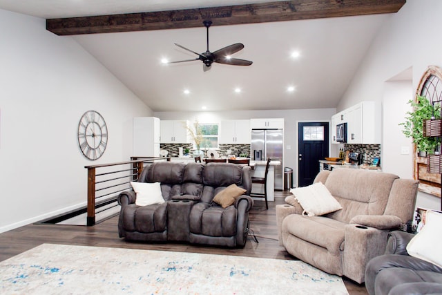 living area with beam ceiling, recessed lighting, ceiling fan, and dark wood-style flooring