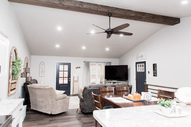 living area featuring dark wood finished floors, recessed lighting, beamed ceiling, a ceiling fan, and high vaulted ceiling
