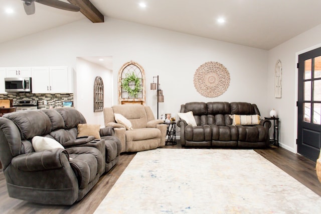 living room with recessed lighting, a ceiling fan, dark wood-style floors, and lofted ceiling with beams