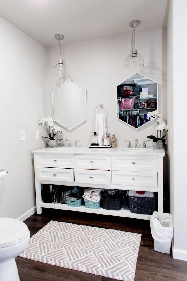 bathroom featuring wood finished floors, double vanity, and a sink