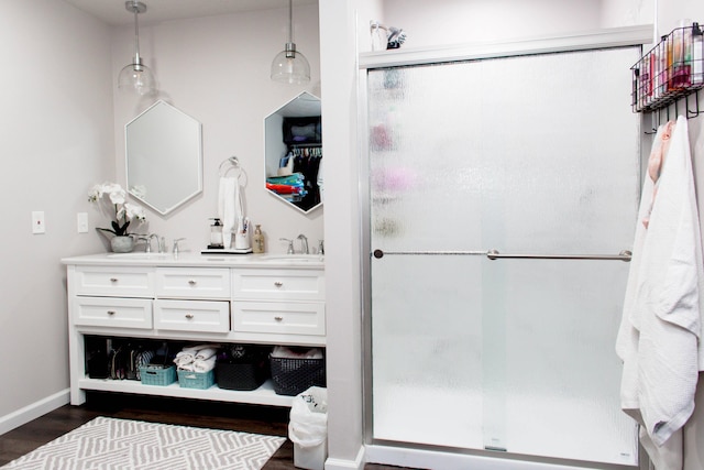bathroom featuring baseboards, wood finished floors, a shower stall, and double vanity