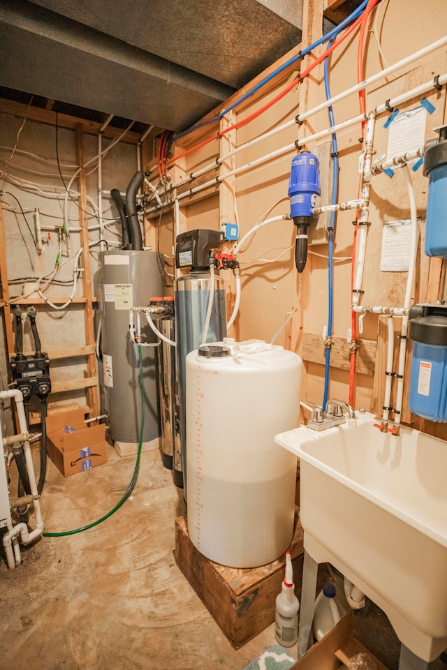 utility room featuring electric water heater and sink