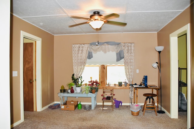 interior space featuring carpet and ceiling fan