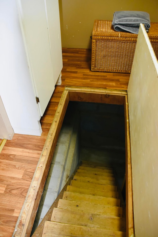 staircase with hardwood / wood-style floors