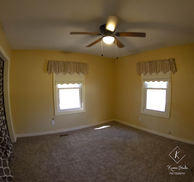 empty room with a wealth of natural light, ceiling fan, and carpet flooring