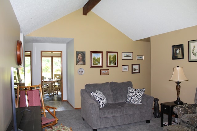 carpeted living room featuring beam ceiling and high vaulted ceiling