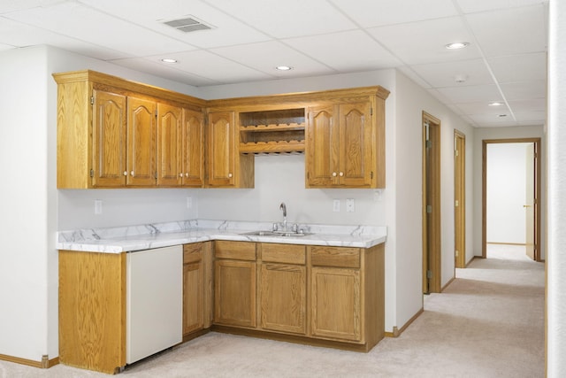 kitchen with light carpet, a paneled ceiling, and sink