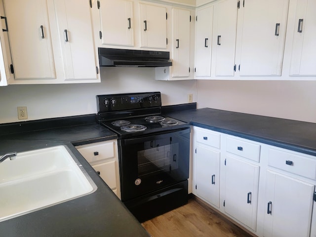 kitchen with white cabinets, light wood-type flooring, sink, and electric range