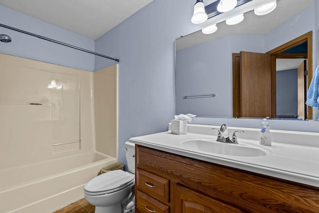 full bathroom featuring shower / bath combination, vanity, tile patterned flooring, and toilet