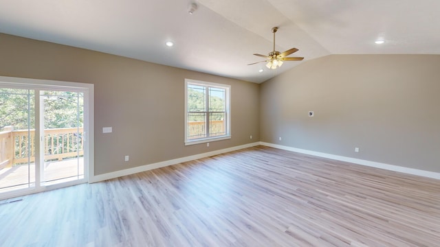 500 Timber Wolf Rd, Hollister, MO 65672 - unfurnished room with lofted ceiling, baseboards, recessed lighting, light wood finished floors, and a ceiling fan