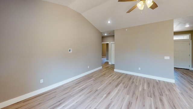 500 Timber Wolf Rd, Hollister, MO 65672 - spare room featuring recessed lighting, light wood-style flooring, baseboards, a ceiling fan, and lofted ceiling