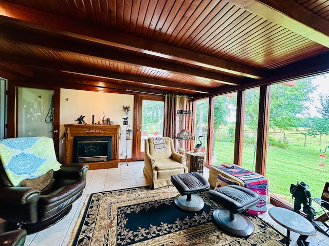 sunroom with wooden ceiling and beam ceiling