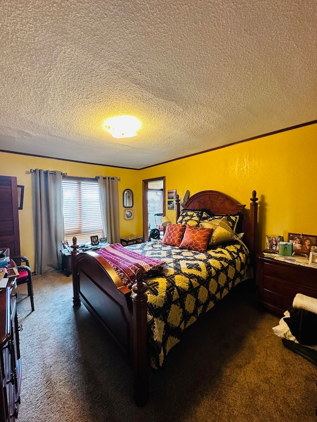 carpeted bedroom with a textured ceiling