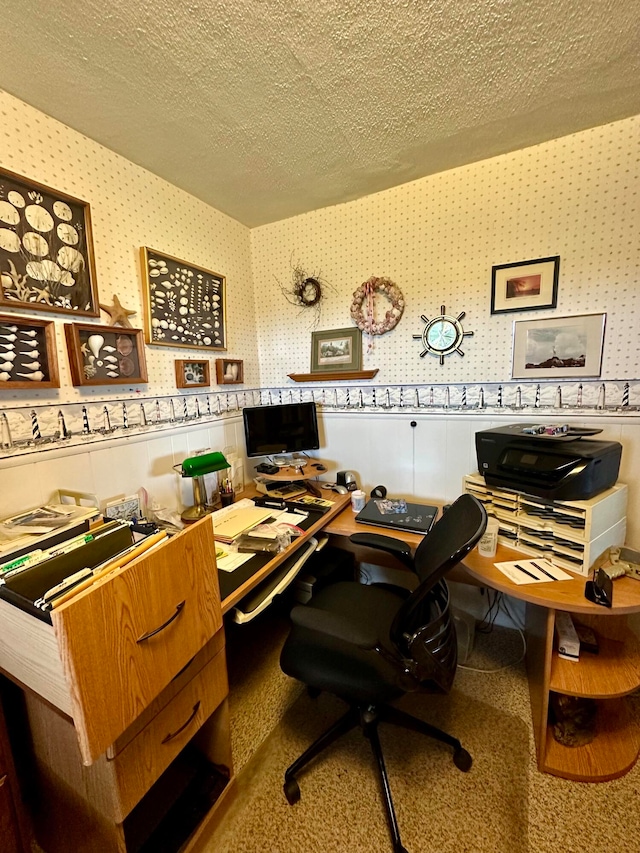 carpeted office featuring a textured ceiling