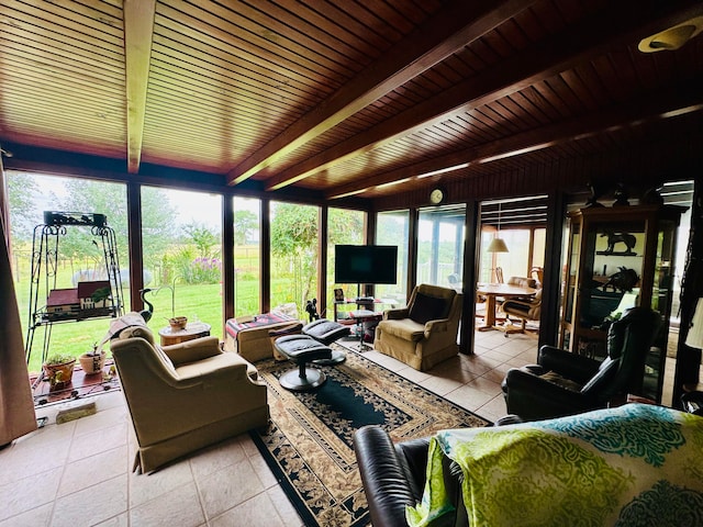 sunroom / solarium featuring beamed ceiling and wood ceiling