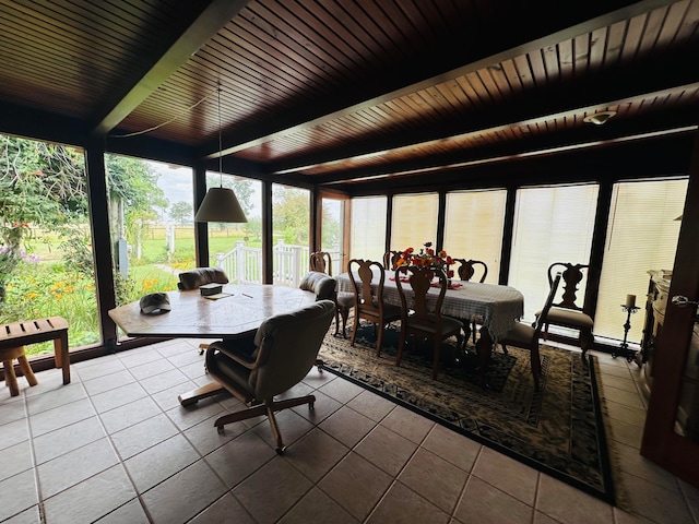 sunroom with beamed ceiling and wood ceiling