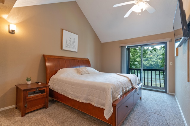 bedroom featuring ceiling fan, access to exterior, light carpet, and vaulted ceiling