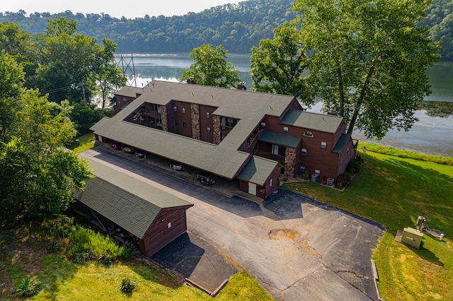 aerial view featuring a water view