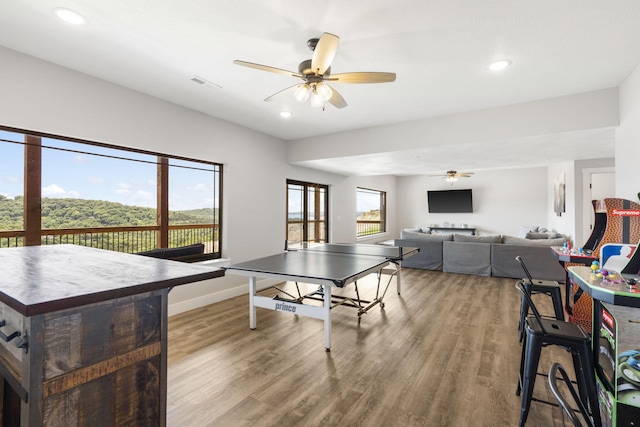 recreation room with hardwood / wood-style flooring and ceiling fan