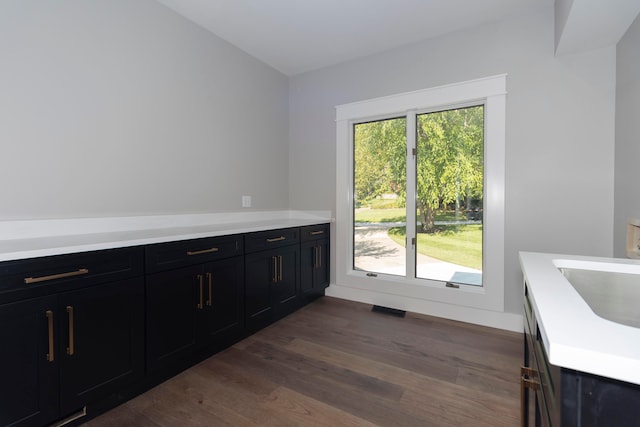 doorway to outside featuring sink and dark hardwood / wood-style flooring