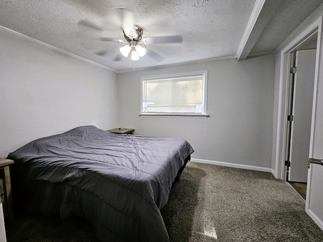 bedroom with ceiling fan, a textured ceiling, crown molding, and carpet