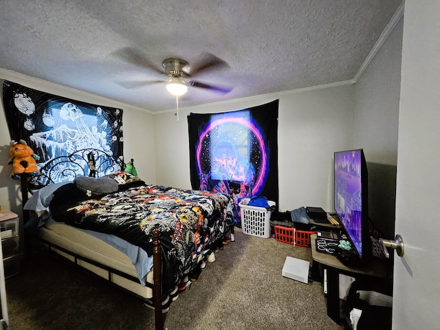 bedroom featuring ornamental molding, carpet, a textured ceiling, and ceiling fan