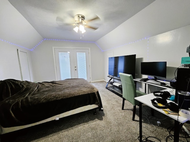 bedroom with ceiling fan, access to exterior, light carpet, lofted ceiling, and a textured ceiling