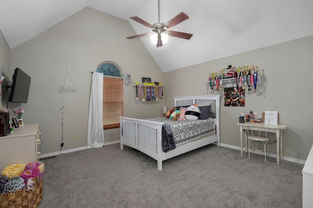 bedroom with high vaulted ceiling, carpet flooring, and ceiling fan