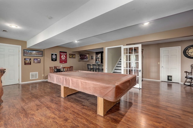 game room with dark hardwood / wood-style floors and billiards