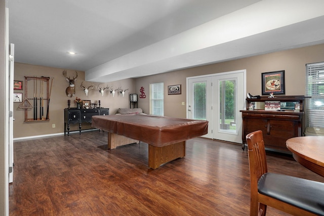 rec room featuring plenty of natural light, dark hardwood / wood-style floors, and billiards