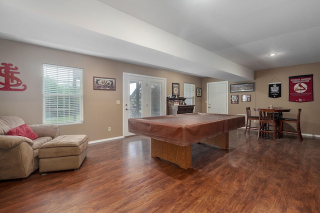 rec room featuring pool table, french doors, and dark hardwood / wood-style floors