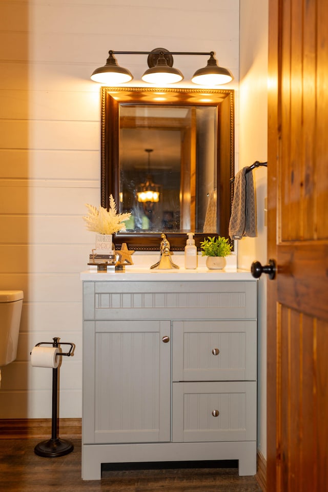 bathroom featuring vanity, hardwood / wood-style flooring, and toilet