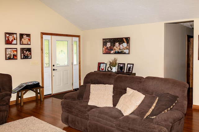 living room featuring lofted ceiling and dark hardwood / wood-style flooring