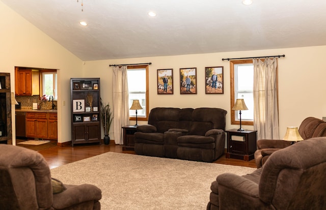 living room featuring sink, lofted ceiling, and dark hardwood / wood-style flooring