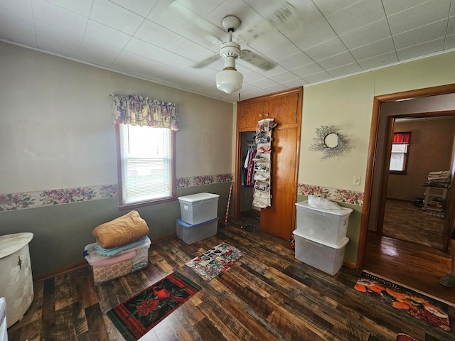 bathroom featuring ceiling fan and wood-type flooring