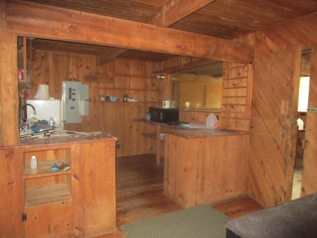 kitchen with wooden walls, wood finished floors, beamed ceiling, electric panel, and wood ceiling