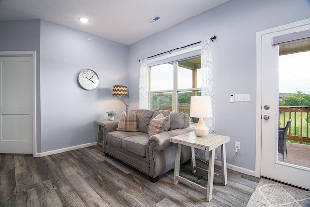 living room featuring dark wood-type flooring