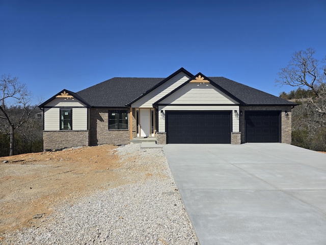 modern farmhouse style home featuring a garage, roof with shingles, and concrete driveway