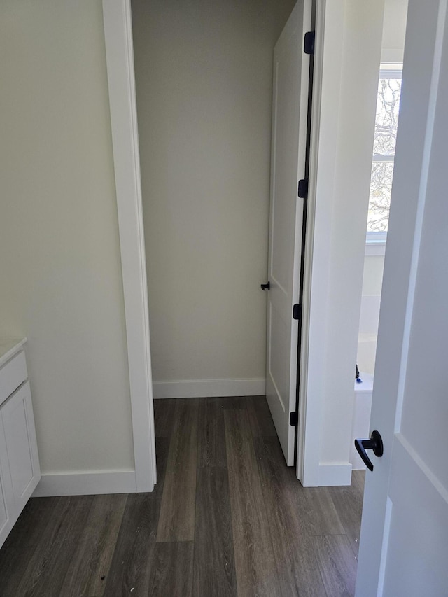 bathroom featuring baseboards, wood finished floors, vanity, and a bath